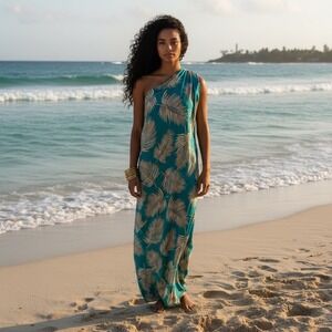 Tyche Teal and Gold Palm Maxi Dress